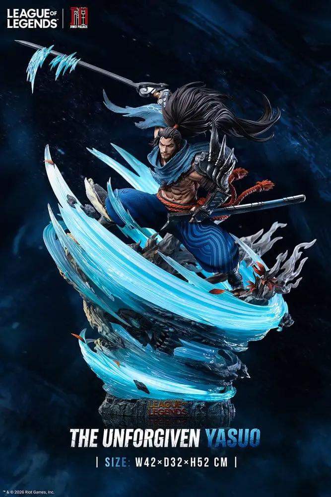 League of Legends Yasuo statue by JIMEI PALACE, 52 cm tall with a blue wind-swirl base.