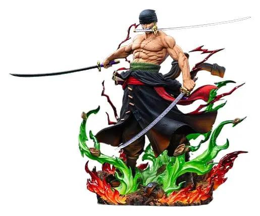 Figura de acción One Piece: Zoro estatua premium 34 cm, JIMEI PALACE, con llamas verdes y rojas.
