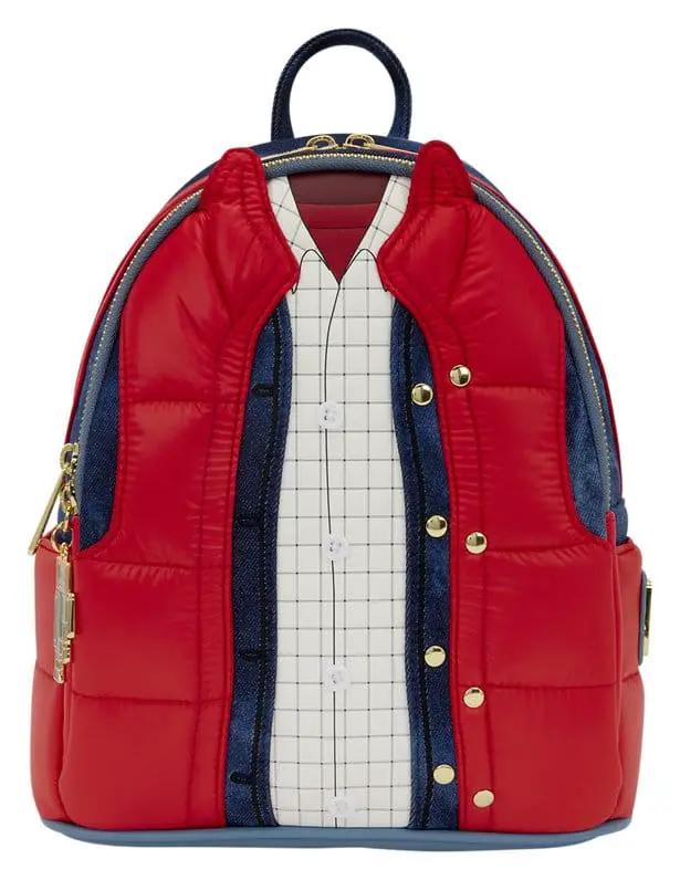 Mini mochila Marty McFly de Loungefly; diseño rojo acolchado con camisa blanca a cuadros y detalles en denim.