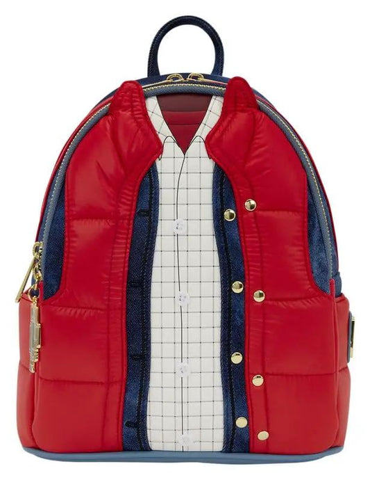 Mini mochila Marty McFly de Loungefly; diseño rojo acolchado con camisa blanca a cuadros y detalles en denim.