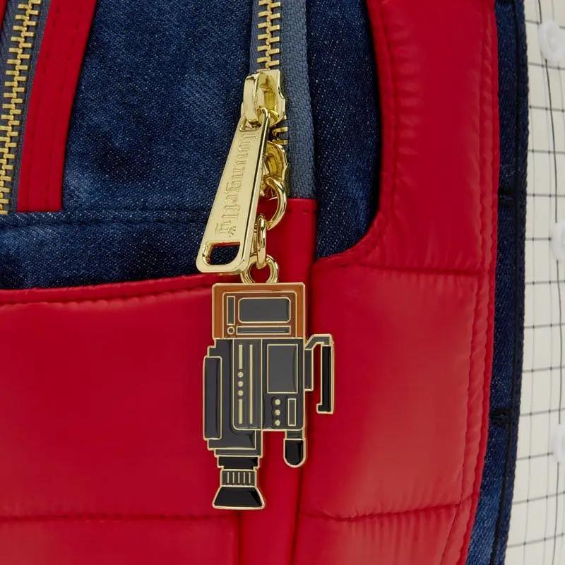 Mochila mini Marty McFly de Loungefly, azul denim y rojo, cierre dorado y charm de robot.