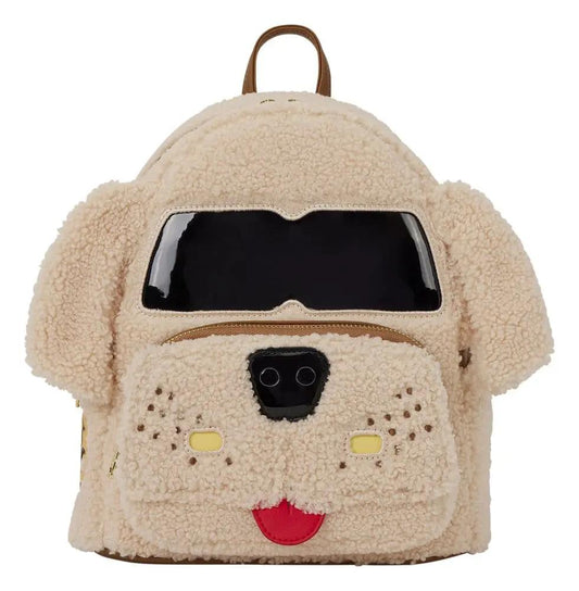 Mochila Loungefly Mini Mutts Cutts beige peluche con cara de perro y ventana negra