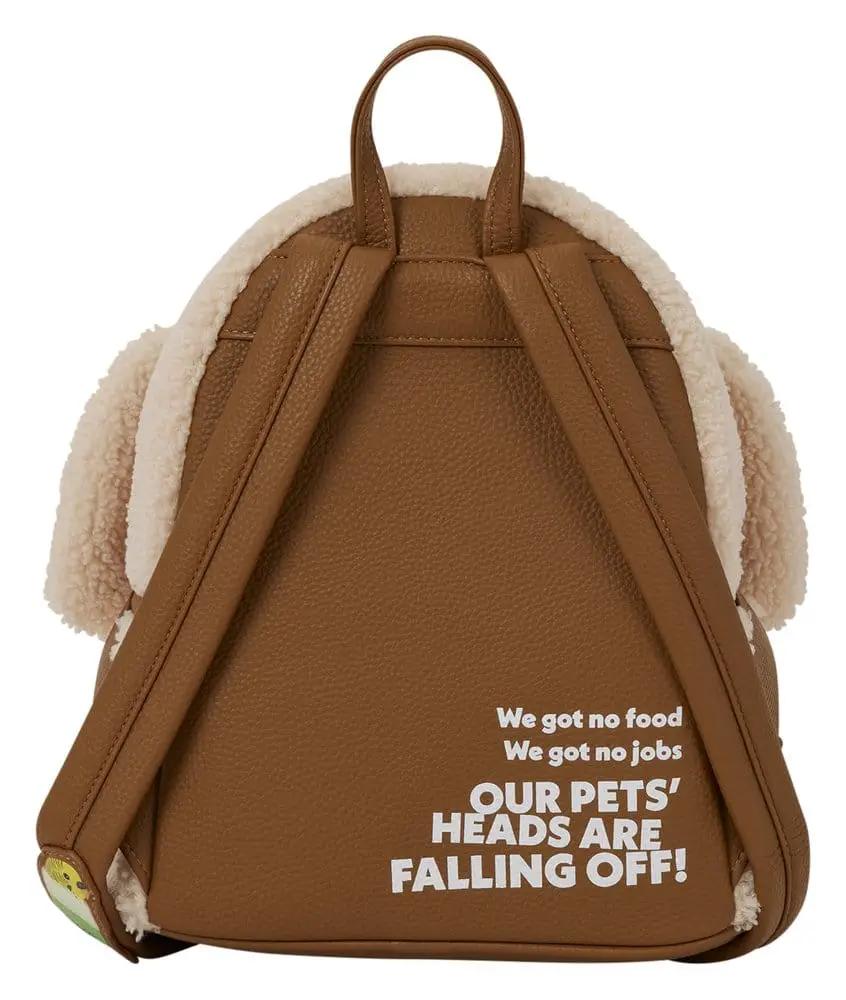 Mochila Loungefly Mini Mutts Cutts, color marrón con peluche beige; tirantes acolchados y texto blanco impreso.
