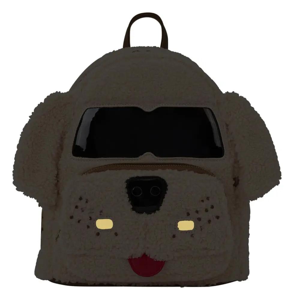 Mochila Loungefly Mini Mutts Cutts con cara de perro beige de peluche, ojos amarillos y lengua roja