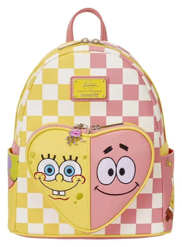 Bandolera backpack by Loungefly Nickelodeon with SpongeBob and Patrick heart pocket on yellow pink checker pattern