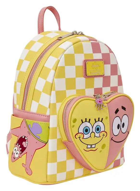 Mochila Bandolera Nickelodeon por Loungefly, patrón a cuadros amarillo/blanco con corazones de SpongeBob y Patrick.