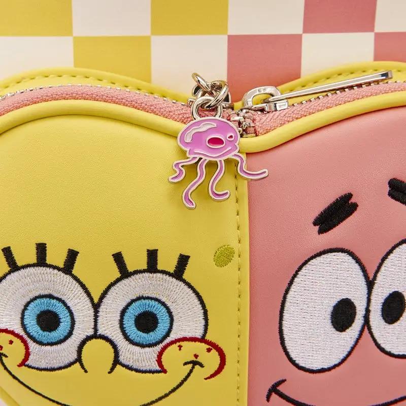 Bandolera backpack by Loungefly featuring Spongebob and Patrick; yellow Spongebob panel, pink Patrick panel