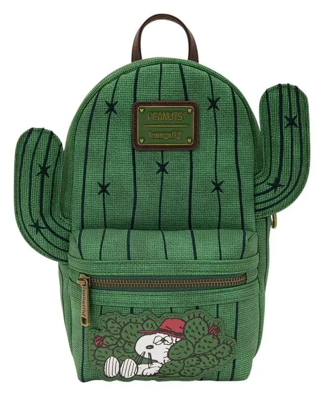 Peanuts by Loungefly cactus-shaped backpack in green with brown handle and Snoopy front pocket art