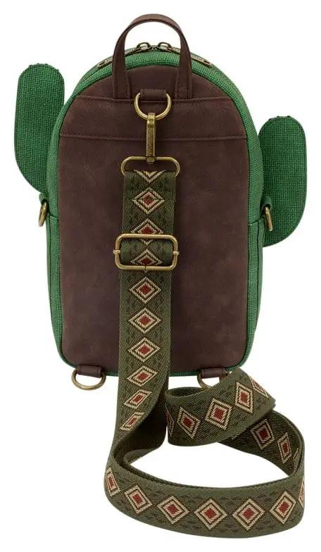 LOUNGEFLY Peanuts Bandolera Spike Desert Cactus backpack in green and brown with patterned strap and brass hardware