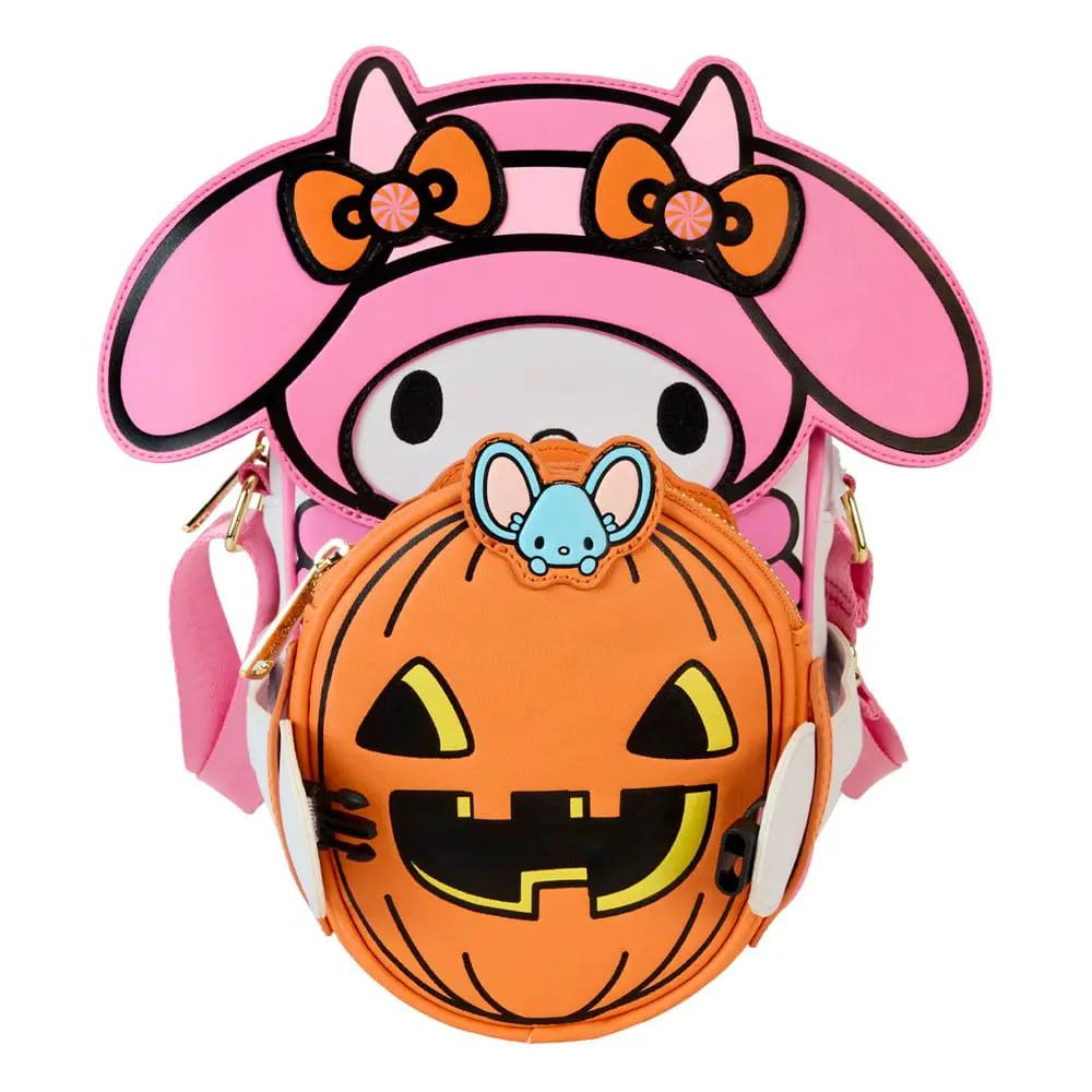 LOUNGEFLY crossbody bag featuring My Melody Devil pumpkin design; pink head shape with orange pumpkin front pocket
