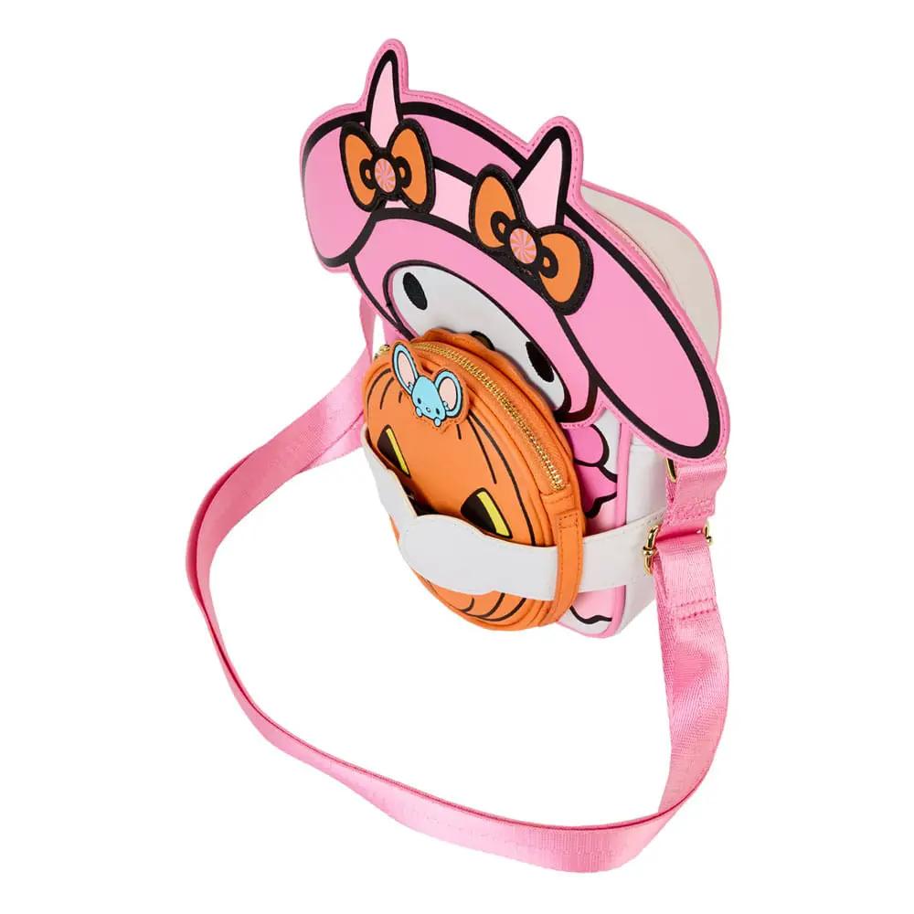 LOUNGEFLY Sanrio My Melody Devil crossbody bag, pink with orange front pocket and adjustable strap