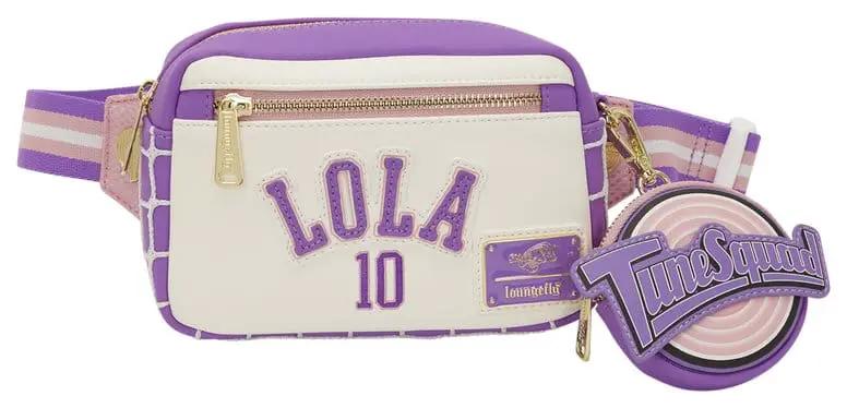 Loungefly Lola Bunny sling bag in purple and cream with gold zipper and Tune Squad charm
