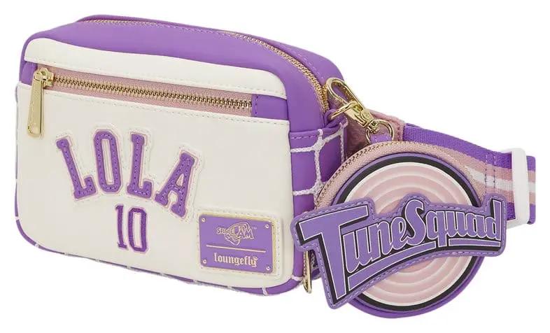 Loungefly Lola Bunny Bandolera sling fanny pack in purple and cream with Lola 10 lettering and Tune Squad charm