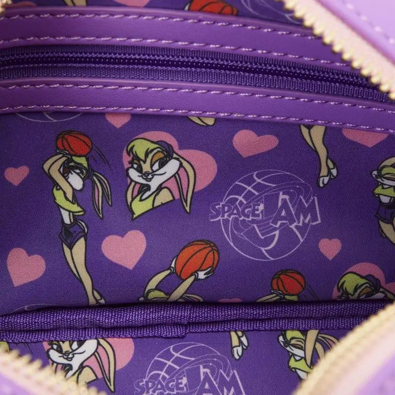 Riñonera Bandolera Loungefly Lola Bunny morada con motivos Space Jam y corazones.