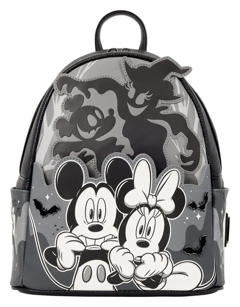Loungefly Mickey & Minnie mini backpack in grayscale with ghost silhouettes