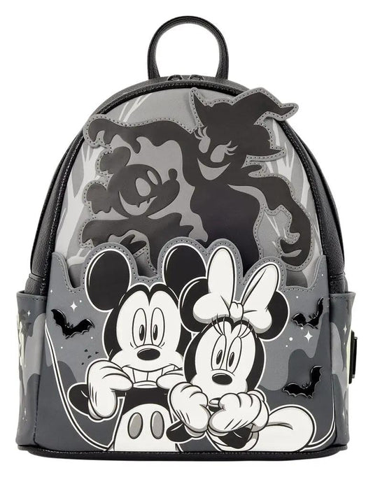 Loungefly Mickey & Minnie mini backpack in grayscale with ghost silhouettes
