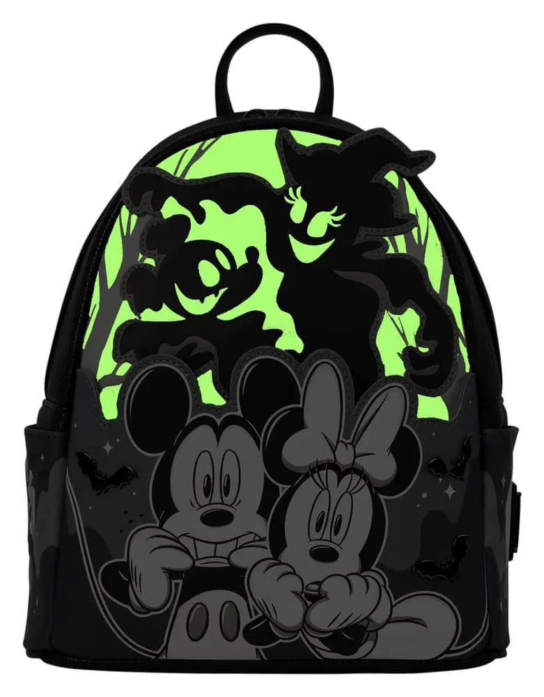 LOUNGEFLY Mickey & Minnie backpack with neon green ghost silhouettes and light-up accents