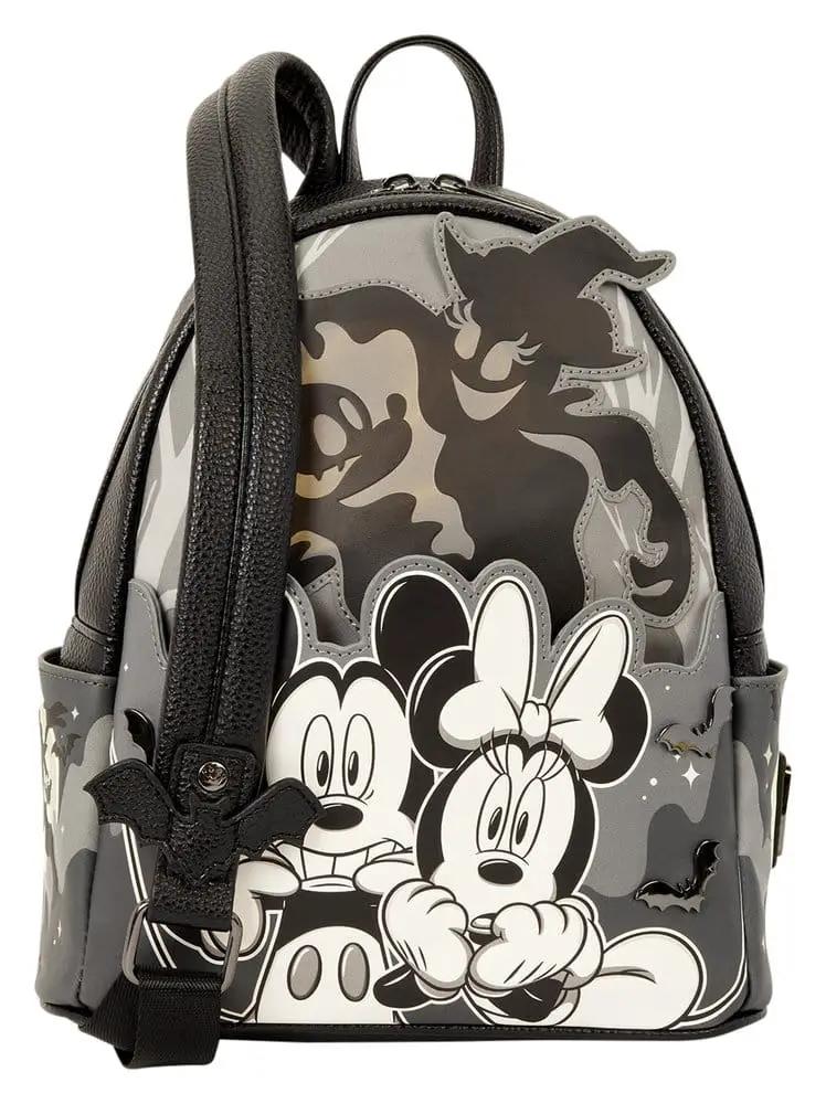 Mochila mini Loungefly Mickey & Minnie en gris y negro con ilustración de Mickey y Minnie