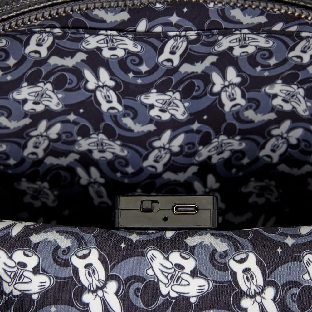 Loungefly Mickey & Minnie mini backpack in navy with white character faces and light-up glow