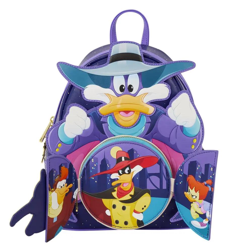 Pato Darkwing Loungefly Mochila Mini purple backpack featuring Darkwing Duck artwork and winged side panels