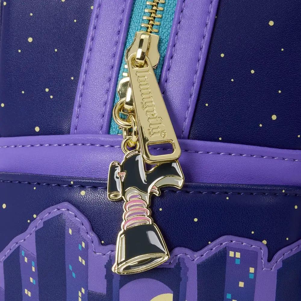 Loungefly Pato Darkwing Mini Backpack in purple with gold zippers and city skyline print