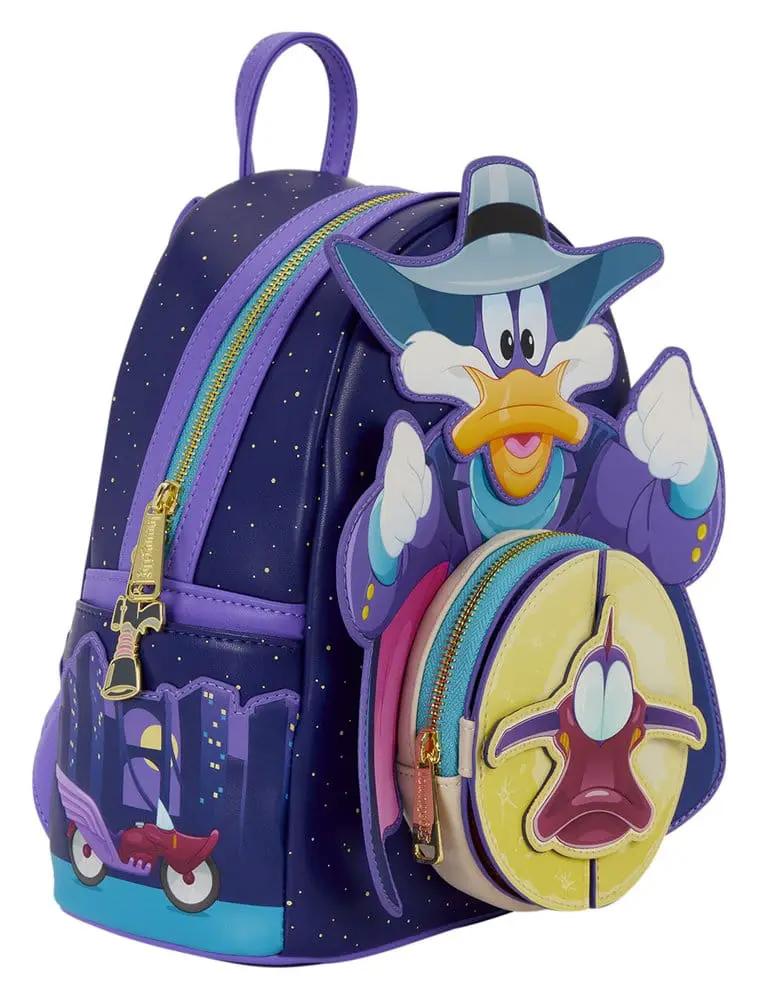 LOUNGEFLY Pato Darkwing Mochila Mini backpack in purple with Darkwing Duck figure and cityscape pocket.