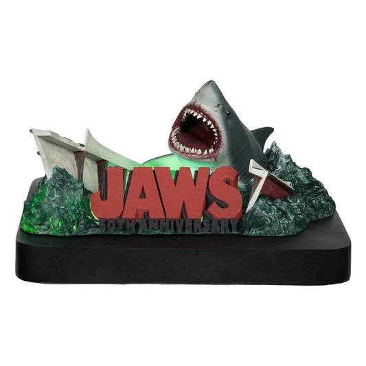 Jaws shark statue, polyresin 25 cm, 50th Anniversary edition with red JAWS letters and green glow on black base