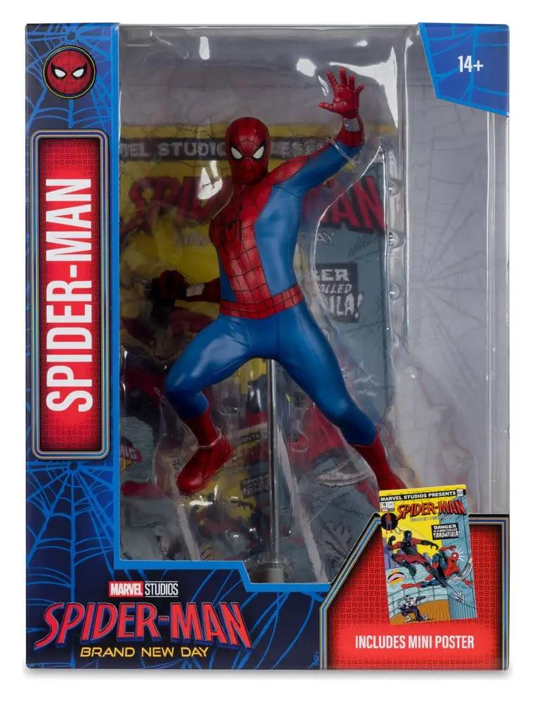 Figura de acción Spider-Man 1/6 Brand New Day de MC FARLANE TOYS en caja, rojo y azul, incluye mini póster