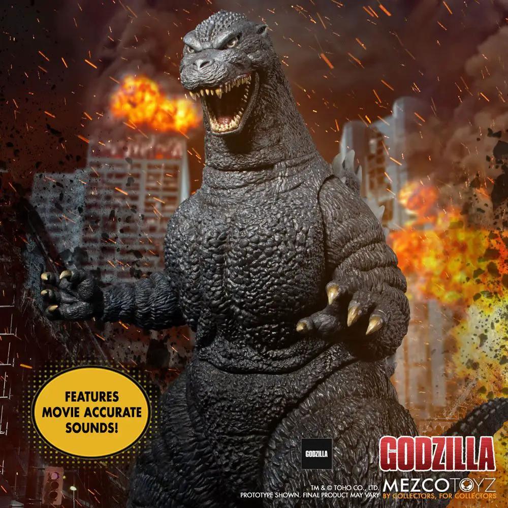 Figura Godzilla de 46 cm con luz y sonido, textura gris oscura; logo Mezco Toyz visible.