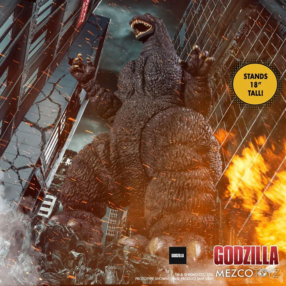 Figura de Godzilla Ultimate 46 cm con luz y sonido, en escena urbana con llamas y destrucción