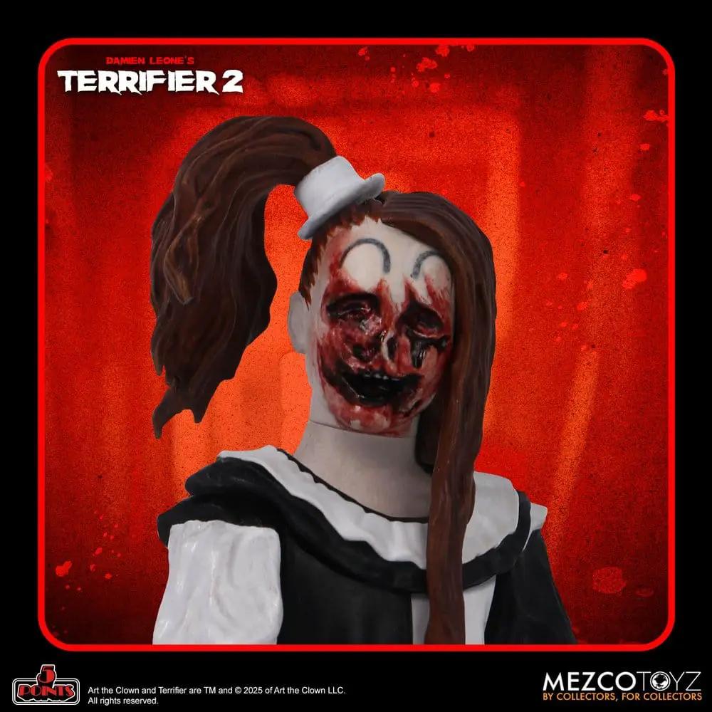 Figura Terrifier 2 5 Points, 10 cm, Mezco Toys; payaso sangriento con vestido blanco y negro