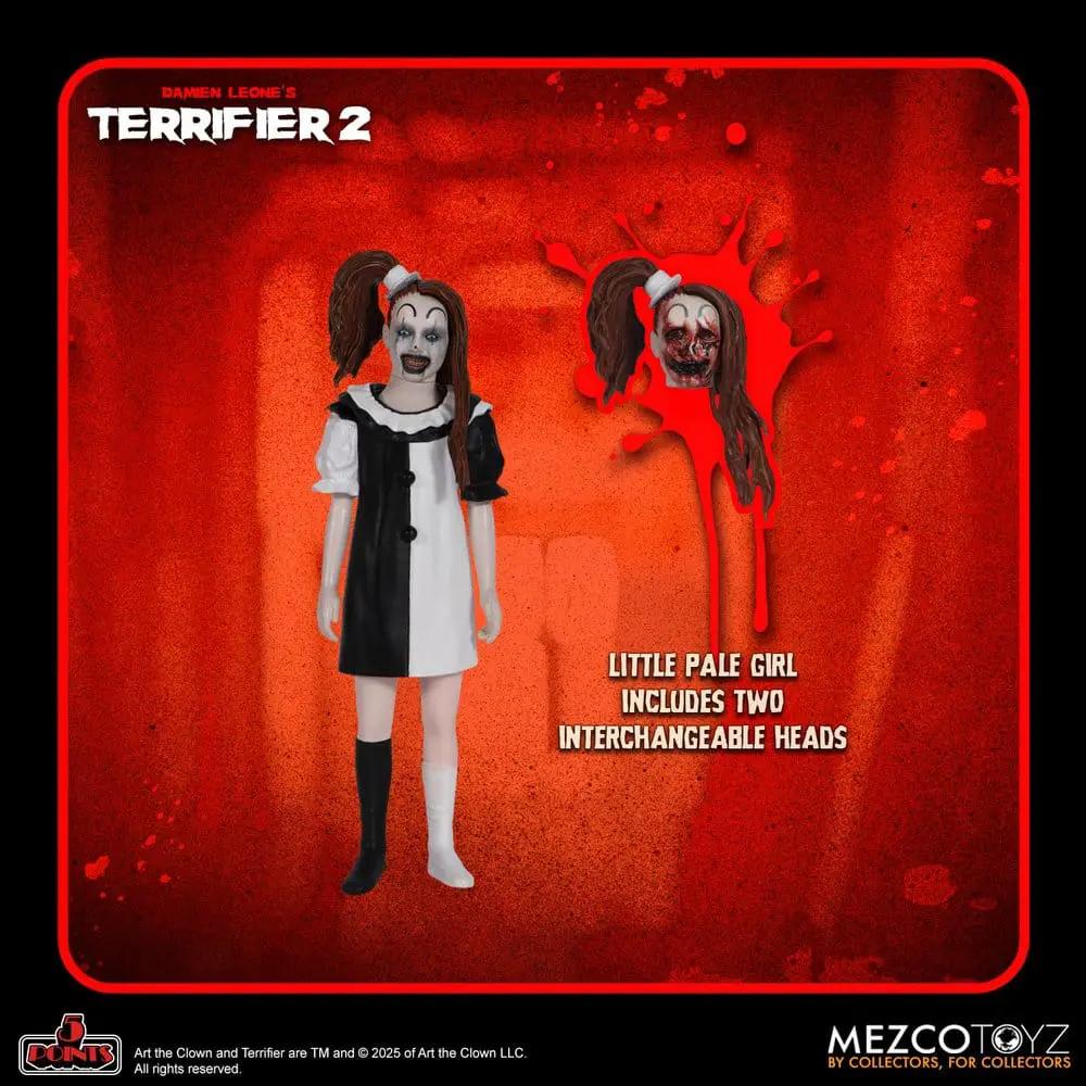 Figura Terrifier 2 5 Points, 10 cm, surtida de MEZCO TOYS con vestido blanco y negro y dos cabezas intercambiables