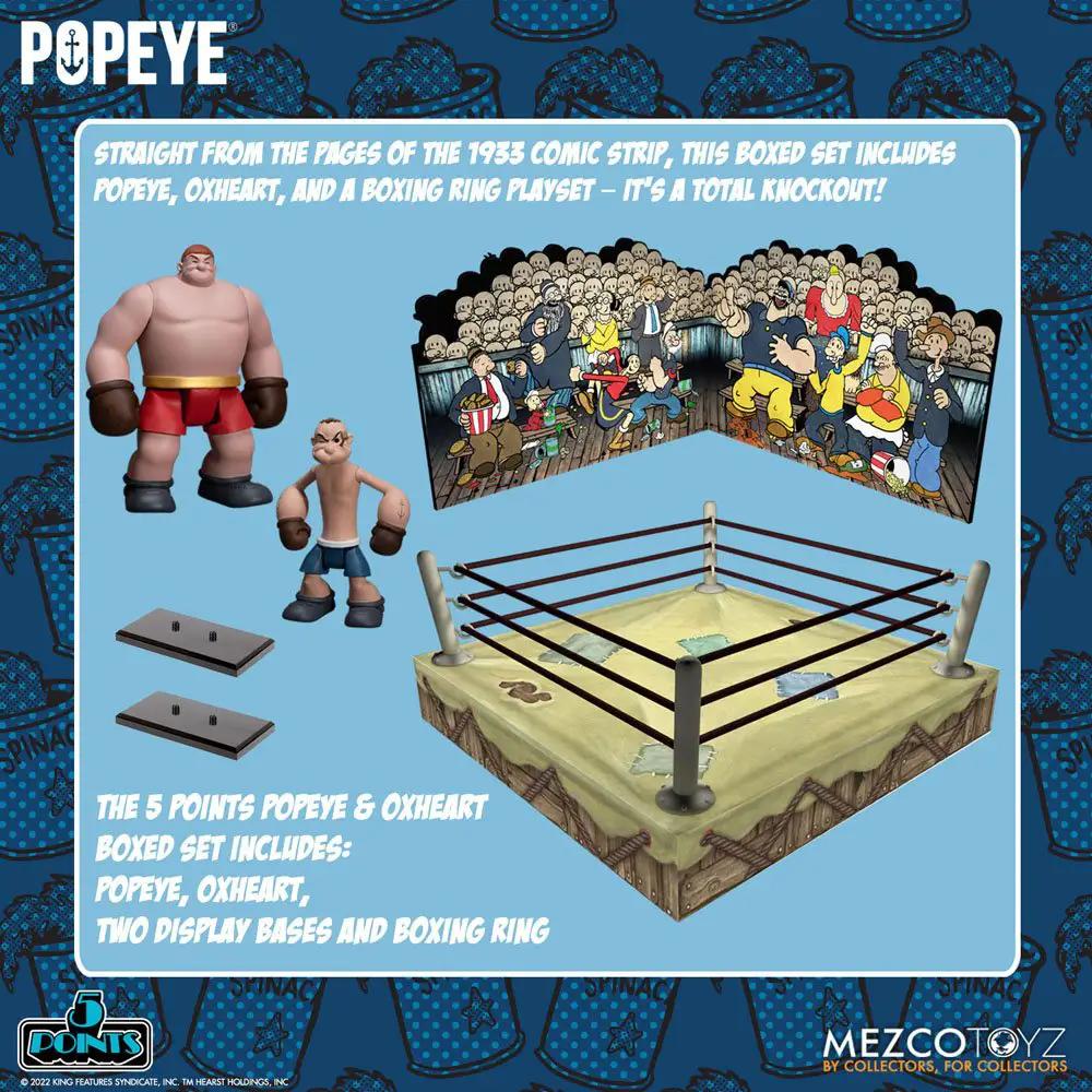 Mezco Popeye 5 Points Deluxe Action Figure Set – 2 figures (Popeye & Oxheart), 9 cm, includes boxing ring and 2 bases.