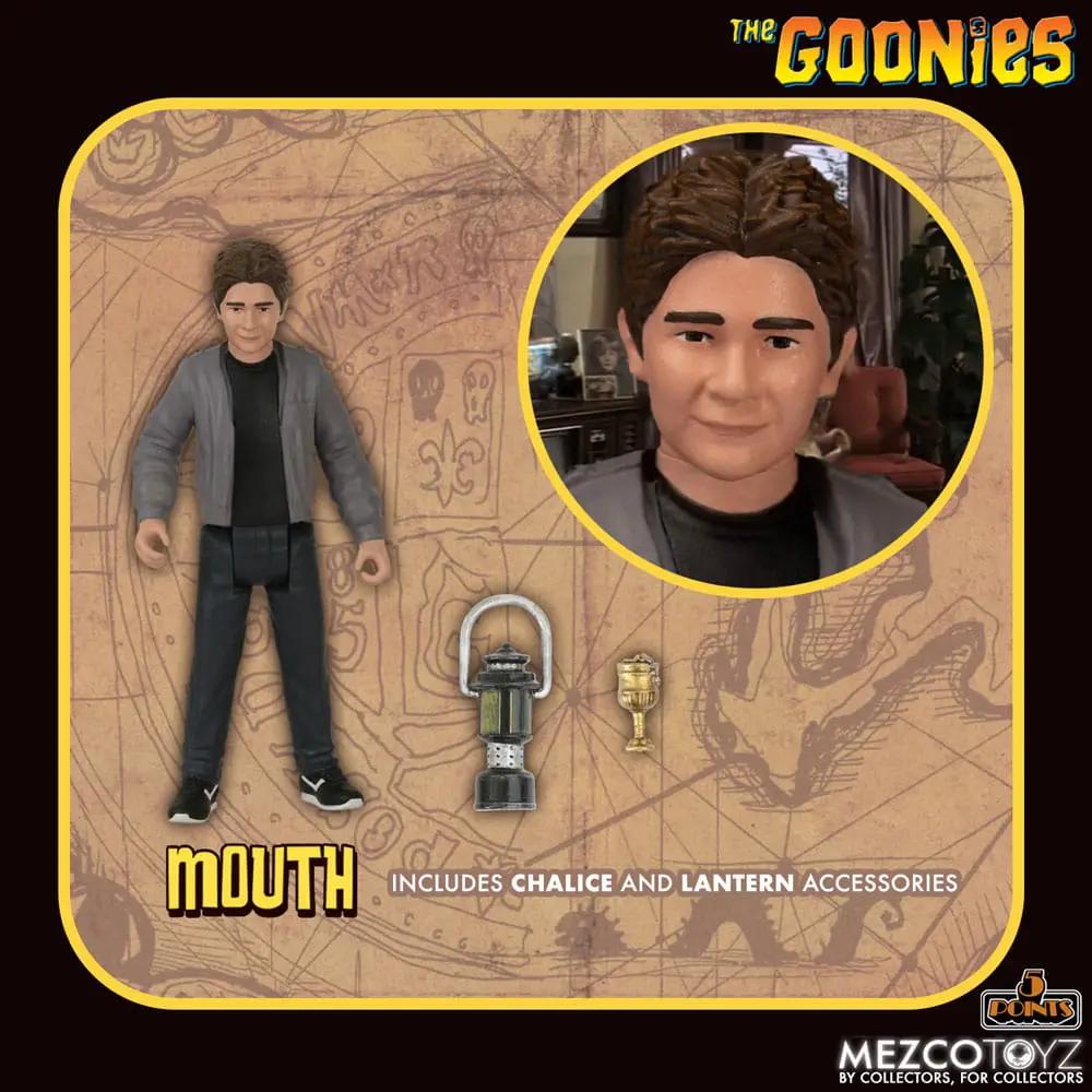Figura de acción Mouth de Los Goonies, 9 cm, edición 5 Points, Mezco Toys; incluye linterna y cáliz.