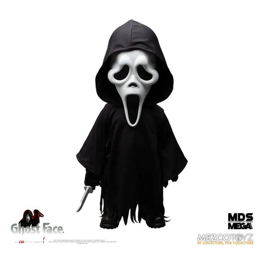 Mezco Toys Mega Scale Ghost Face action figure, 38 cm, hooded black robe with white Ghost Face mask and knife accessory.