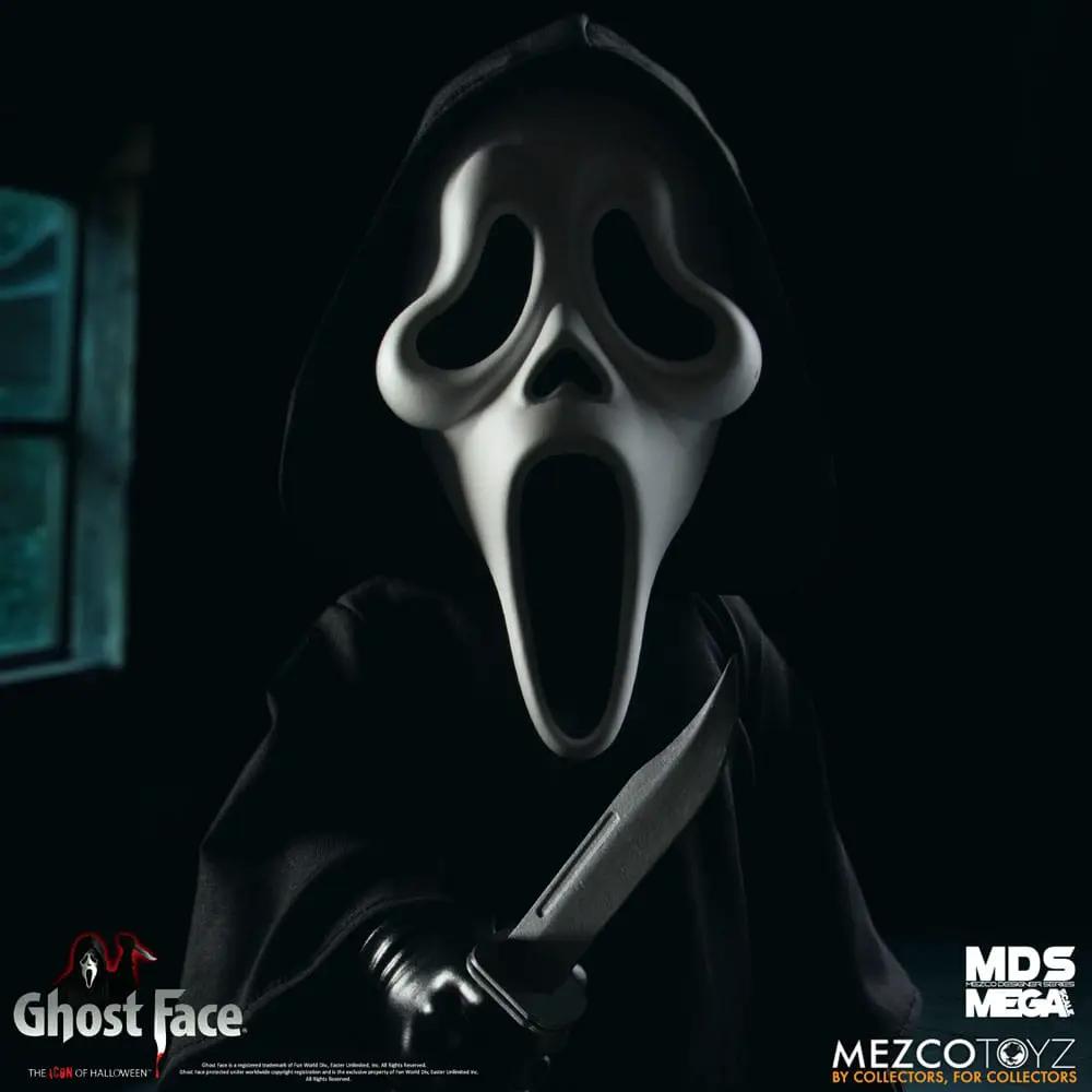 Ghost Face MDS Mega Scale action figure, 38 cm, by Mezco Toys; hooded figure in black robe with white mask and knife.