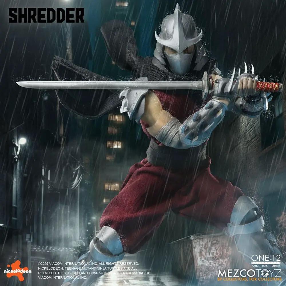 Figura de acción Shredder 1/12 de MEZCO TOYS, 17 cm, armadura plateada y espada