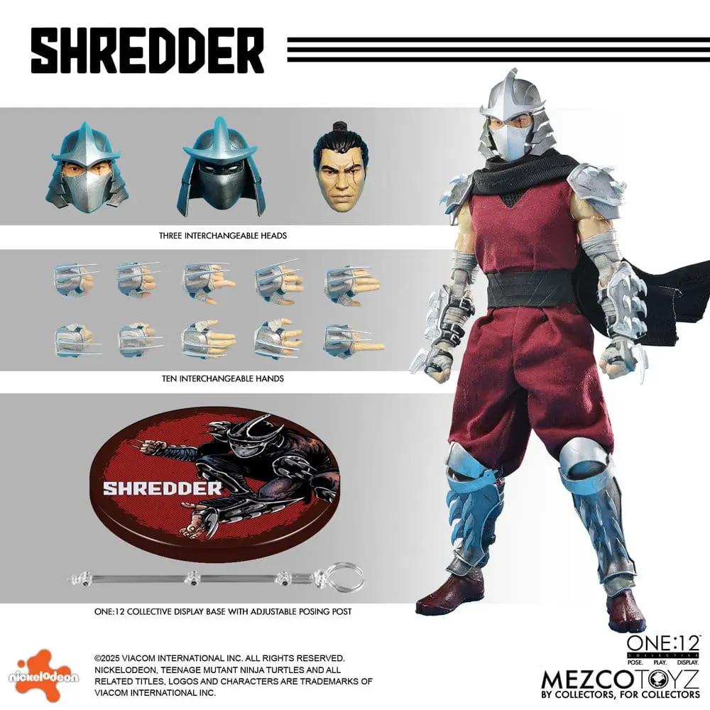 Figura Shredder TMNT 1/12 de MEZCO TOYS, 17 cm, con 3 cabezas y 10 manos intercambiables y base de exhibición