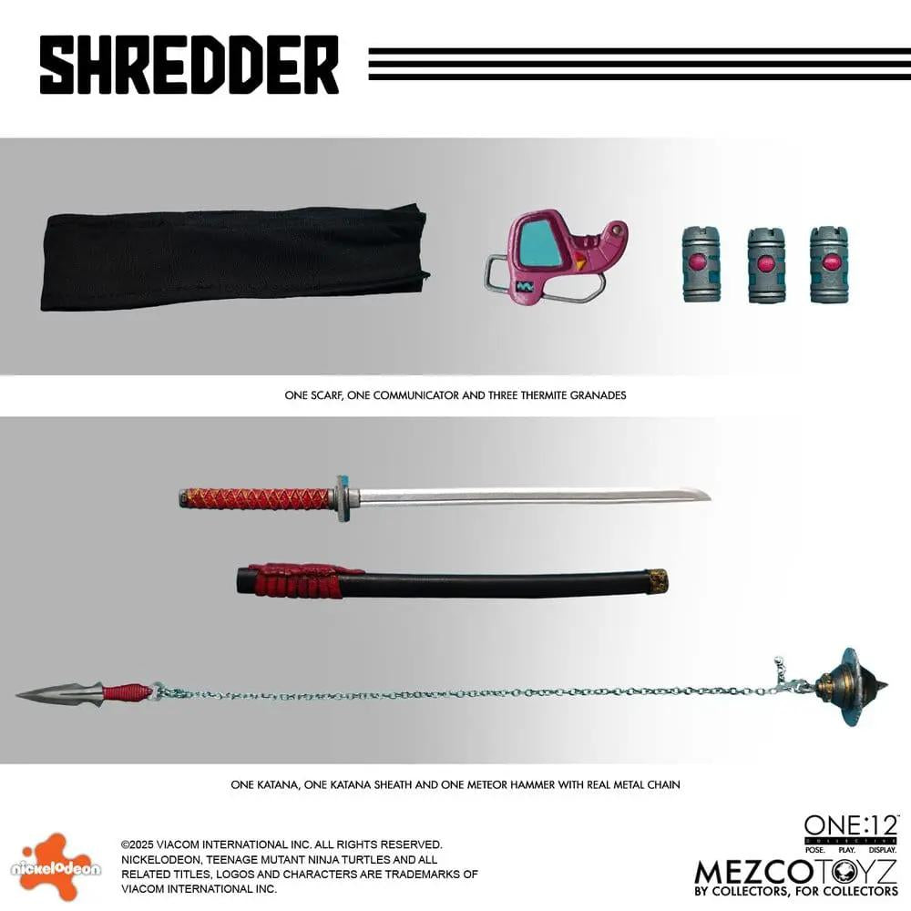 Figura de acción Shredder 1/12 de MEZCO TOYS, 17 cm, con katana y meteor hammer, más bufanda negra y tres granadas.