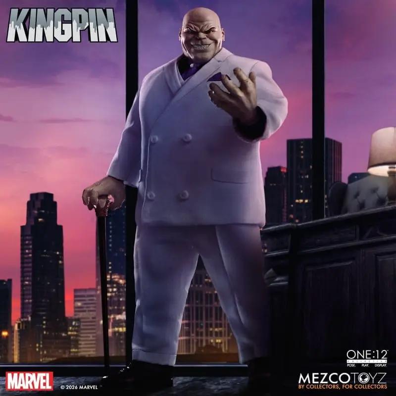 Kingpin 1/12 action figure by MEZCO TOYS in white suit with cane