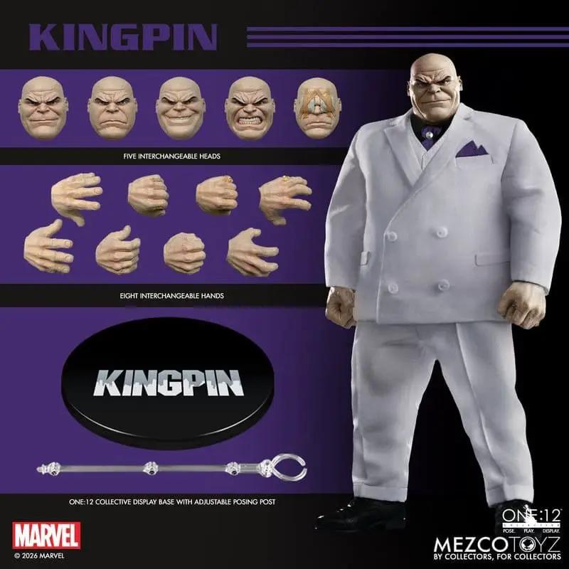Marvel One:12 Kingpin figure by MEZCO TOYS in a white suit, with 5 heads and 8 hands and display base.