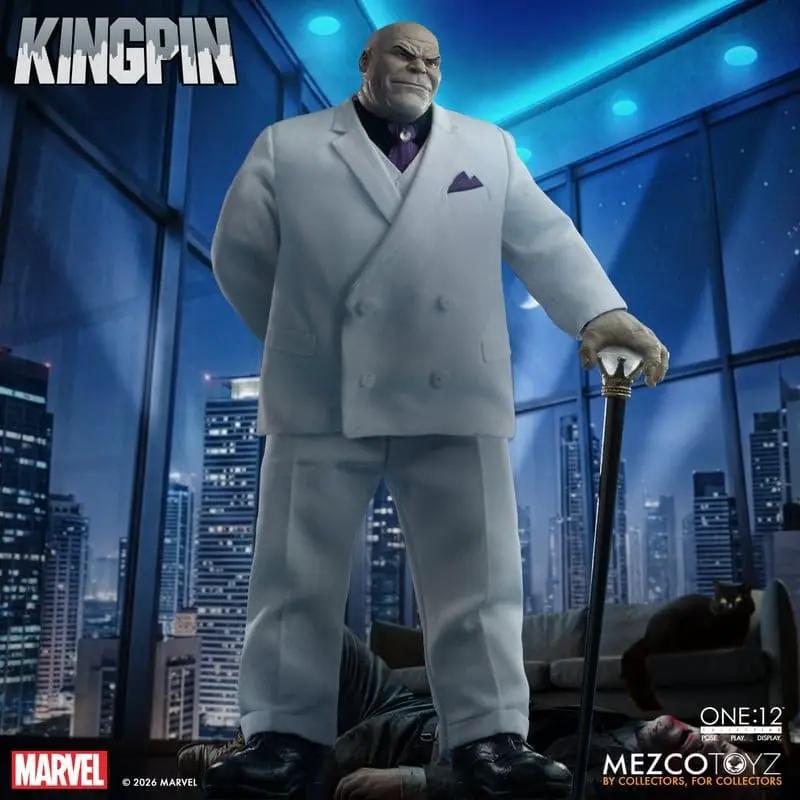 Kingpin action figure, Marvel One:12 Collective by Mezco Toys in white suit with cane, 18 cm