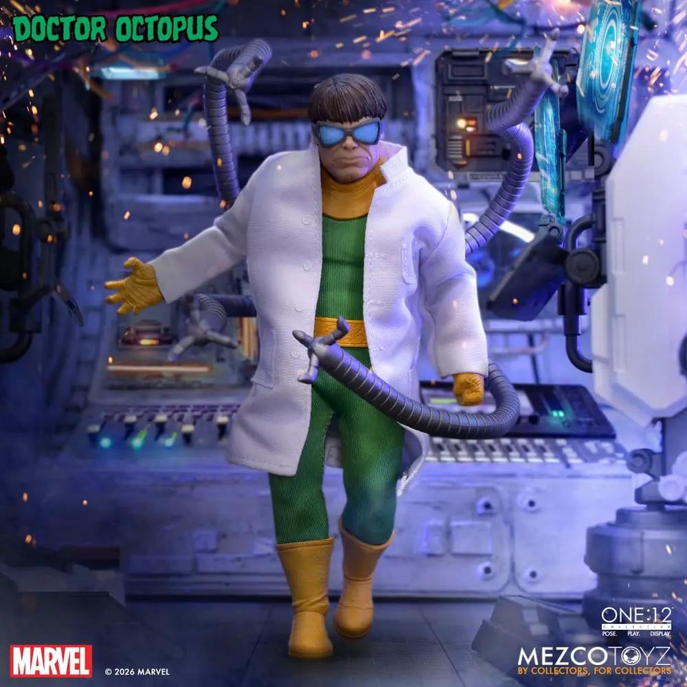 MEZCO TOYS Doctor Octopus 1/12 action figure, 16 cm, white lab coat over green suit with yellow boots and tentacles.