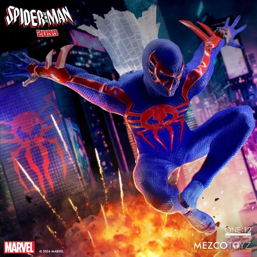 Figura de acción Spider-Man 2099 1/12 de MEZCO TOYS, Marvel, traje azul y rojo