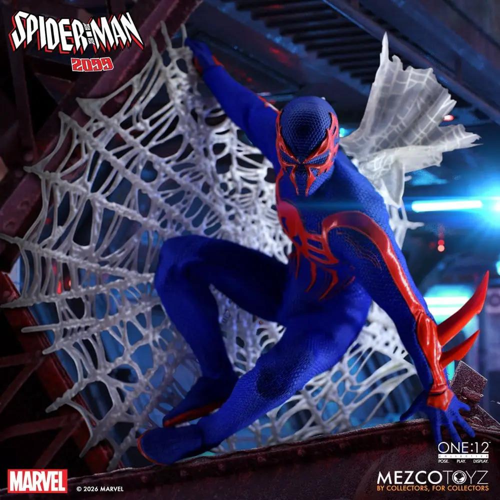 Spider-Man 2099 action figure, One:12 Collective by Mezco Toys, 1/12 scale, 17 cm tall, blue and red suit