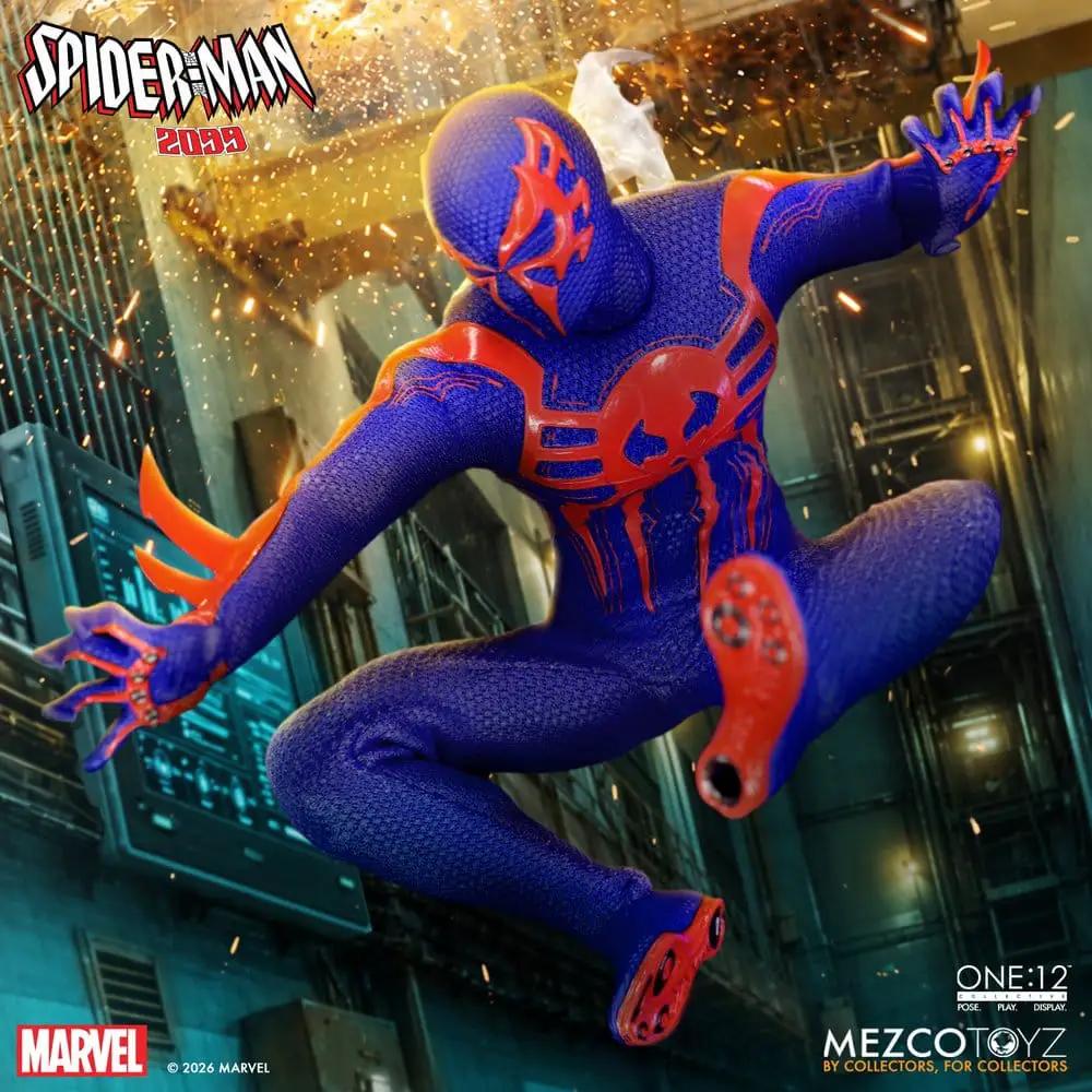 Figura de acción Spider-Man 2099 One:12 Collective de MEZCO TOYS, 17 cm, traje azul con detalles rojos