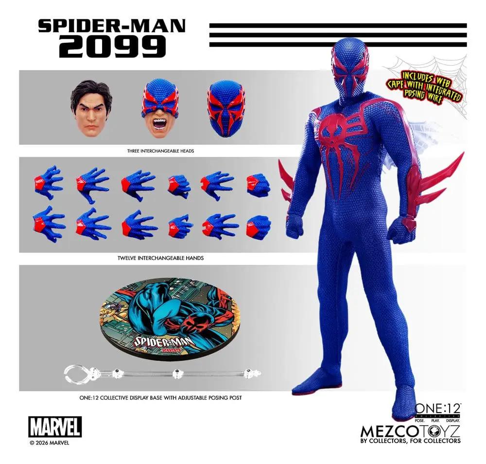 Mezco Toys One:12 Collective Spider-Man 2099 action figure; blue suit with red accents, includes 3 heads and 12 hands.