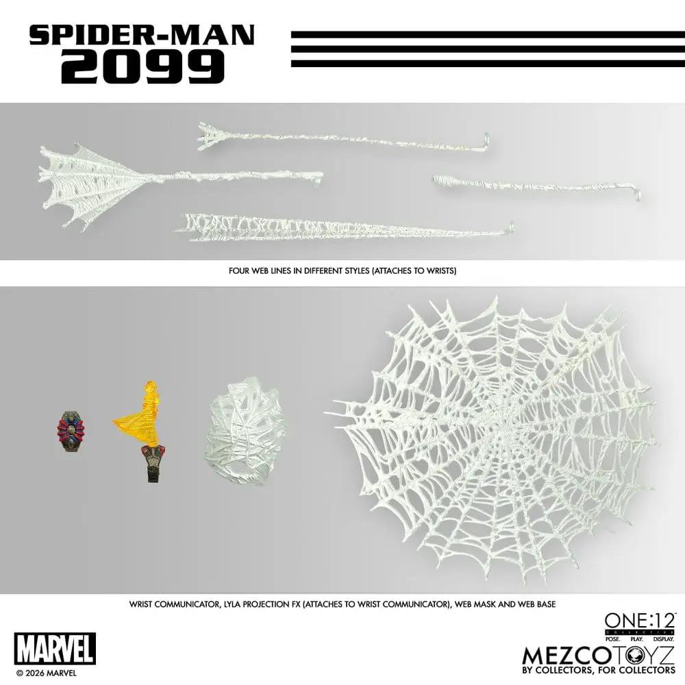 Mezco Toys Spider-Man 2099 1/12 action figure, 17 cm tall, includes four web lines and web base accessories