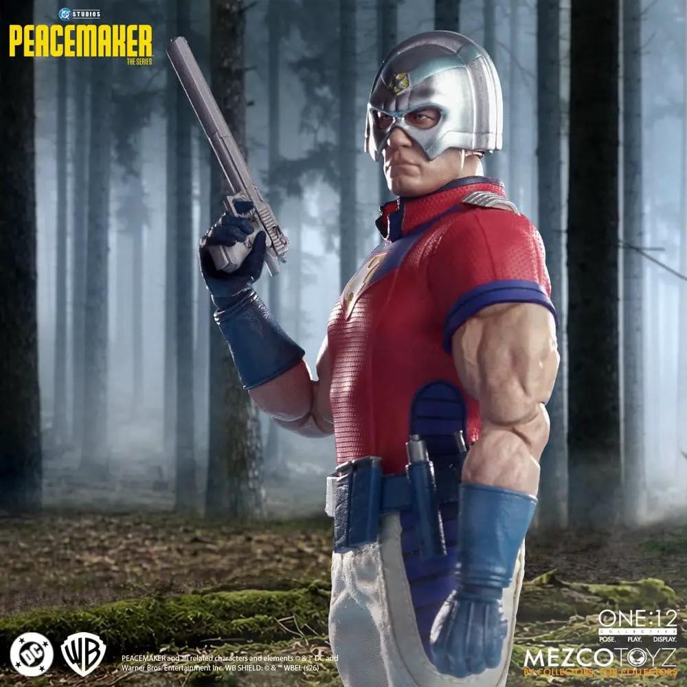 Peacemaker 1/12 action figure by Mezco Toys, DC Comics One:12, 17 cm, red suit with silver helmet, holding pistol