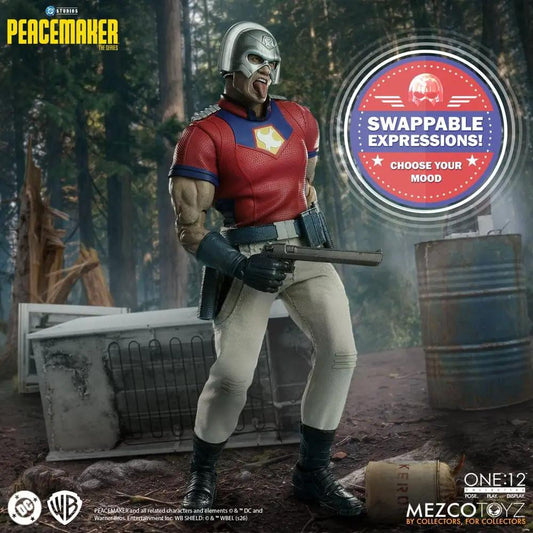 Figura de acción DC Peacemaker One:12 Collective de MEZCO TOYS, 17 cm, traje rojo y casco plateado, con pistola